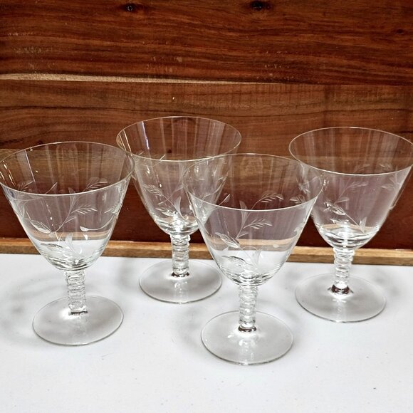 4 Etched Vines Leaves Water Glasses 5.5" ice tea stemware glass fine crystal Ele - Picture 8 of 11